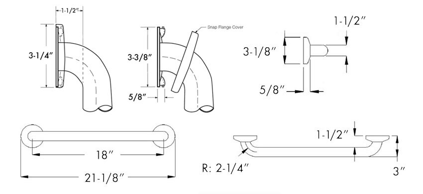 Measurements for Bobrick B-6806-18 inch Grab Bar