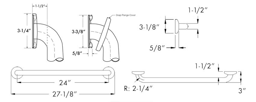 Diagram showing overall dimenssions for the Bobrick B-6806x24