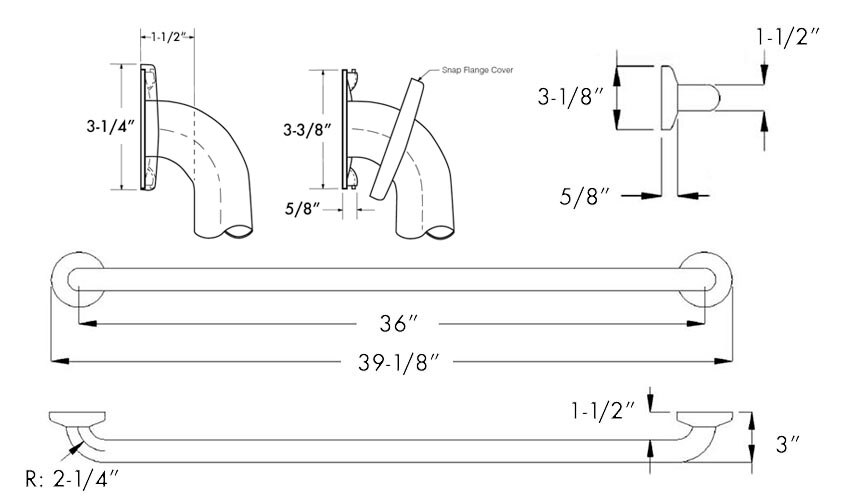 Measurements for Bobrick B-6806-36 inch Grab Bar