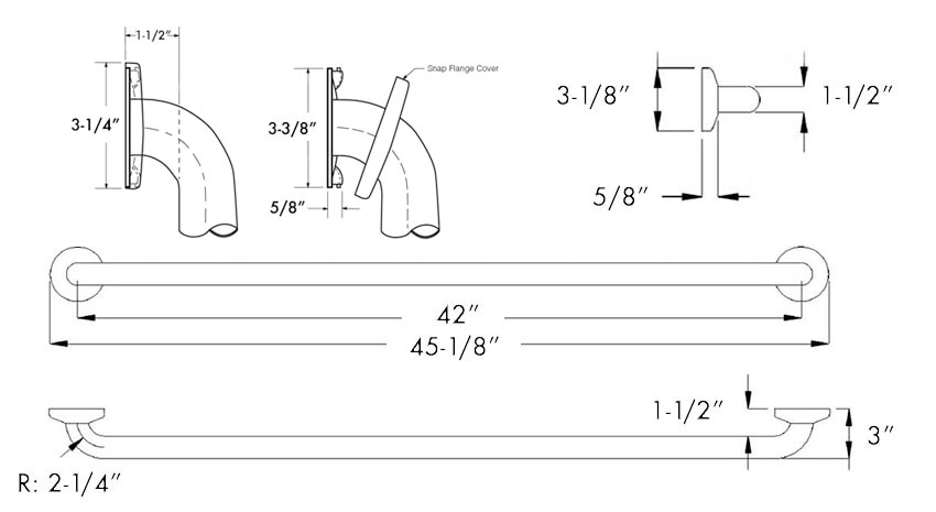 Measurements for Bobrick B-6806-42 inch Grab Bar