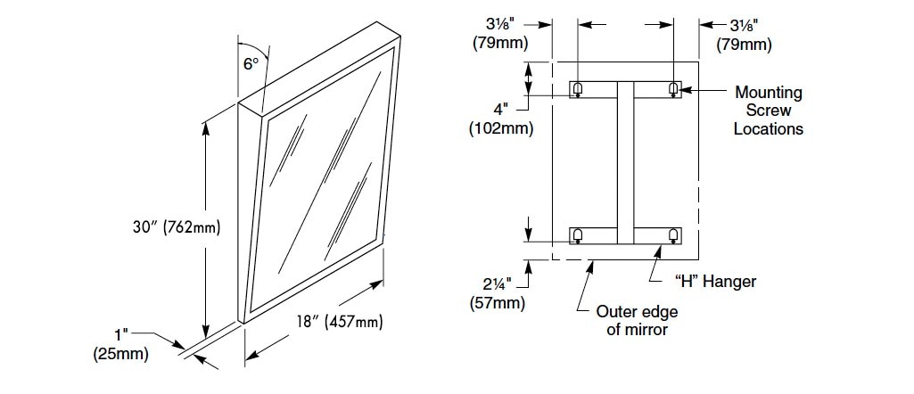 Measurement Diagram for Bradley 740-018300 Commercail Stainless Steel Frame Mirror