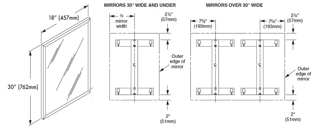 Measurement Diagram for Bradley 780-018300 Commercail Stainless Steel Frame Mirror