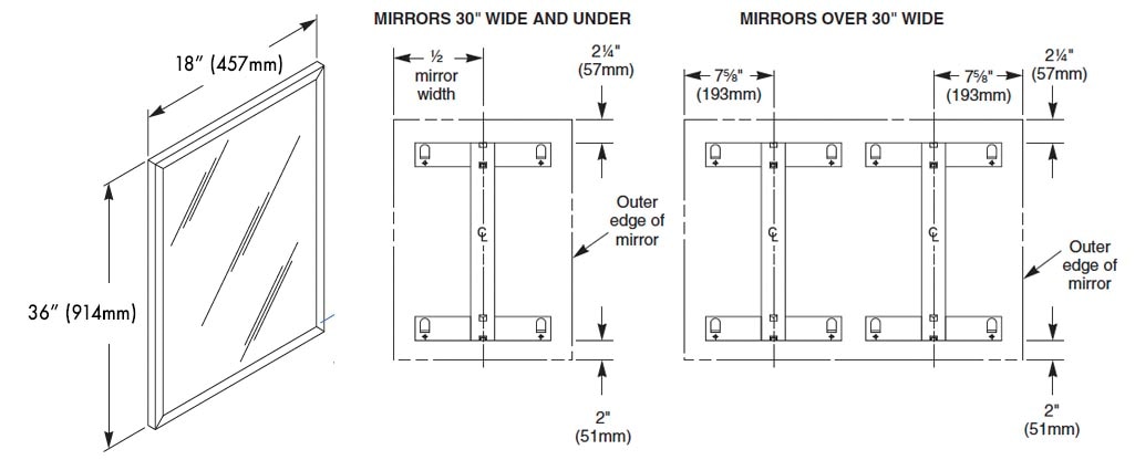 Measurement Diagram for Bradley 780-018360 Commercail Stainless Steel Frame Mirror