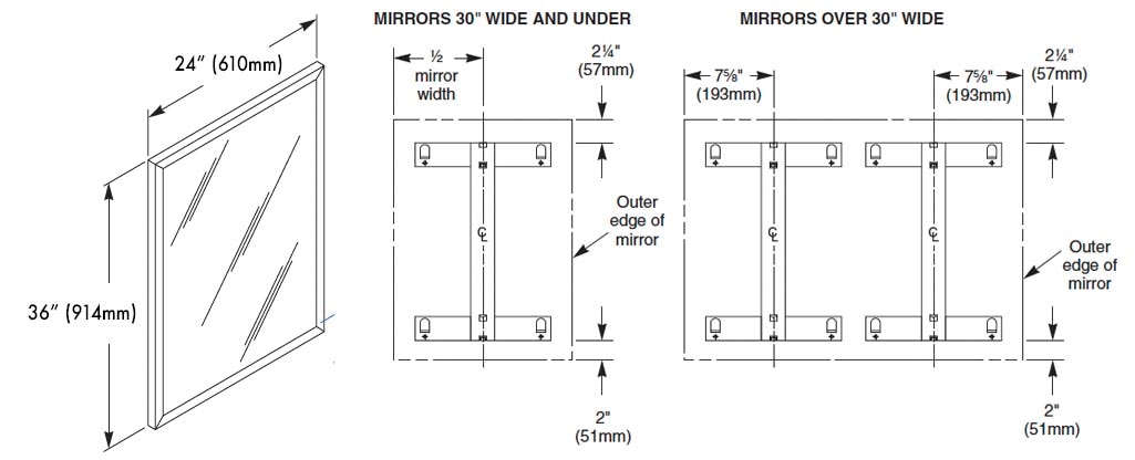 Measurement Diagram for Bradley 780-024360 Commercail Stainless Steel Frame Mirror