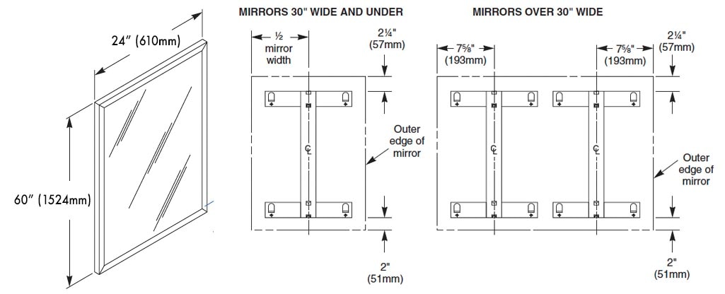 Measurement Diagram for Bradley 780-024600 Commercail Stainless Steel Frame Mirror