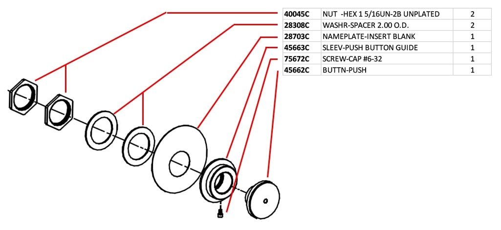 Diagram showing the individual parts that make up the Elkay 98682C push button kit.