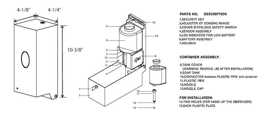 Dimensions and parts explosion for HK-950SA Soap Dispenser