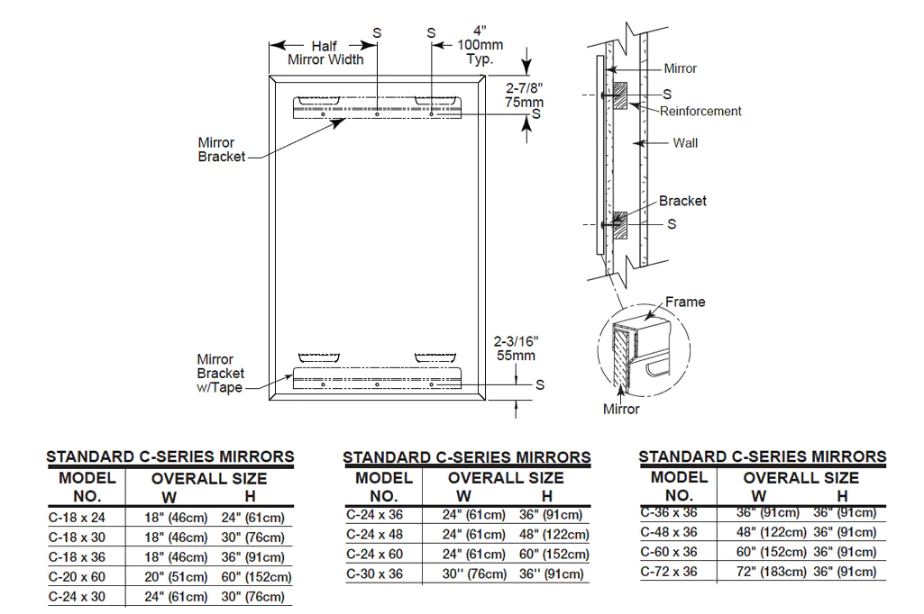 Measurement dimensions for Gamco Channel-Frame Mirror - 18