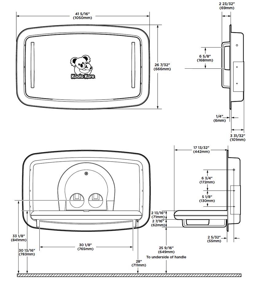 Diagram showing overall dimenssions for the Koala Baby Changing Station, Model No.: KB310-SSRE