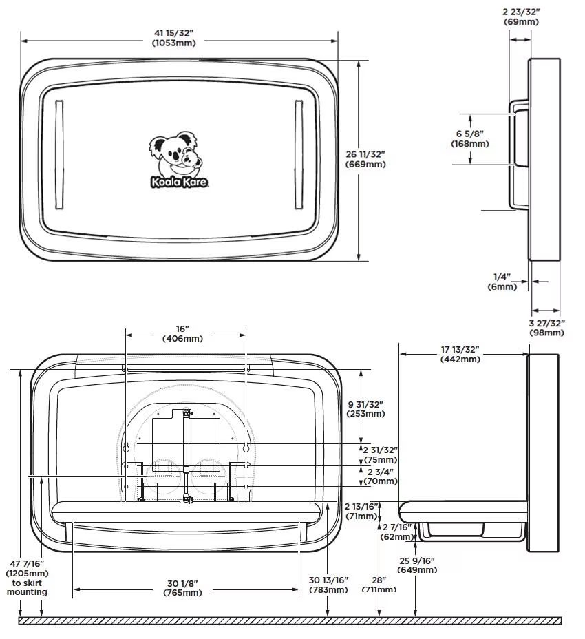 Diagram showing overall dimenssions for the Koala Baby Changing Station, Model No.: KB310-SSWM