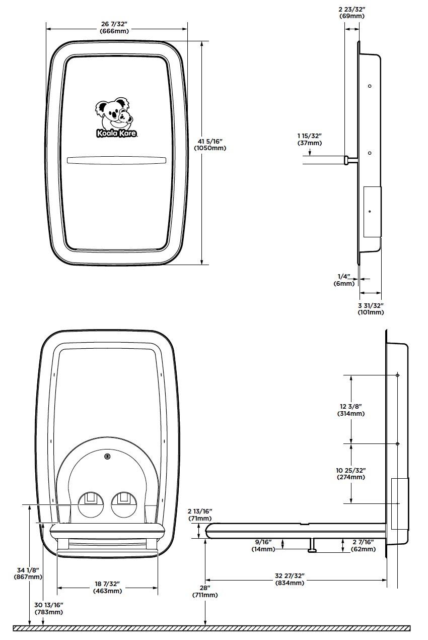 Diagram showing overall dimenssions for the Koala Baby Changing Station, Model No.: KB311-SSRE