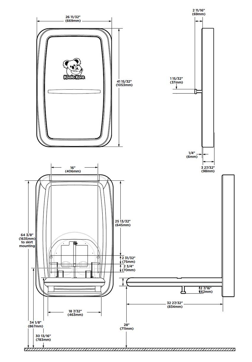 Diagram showing overall dimenssions for the Koala Baby Changing Station, Model No.: KB311-SSWM