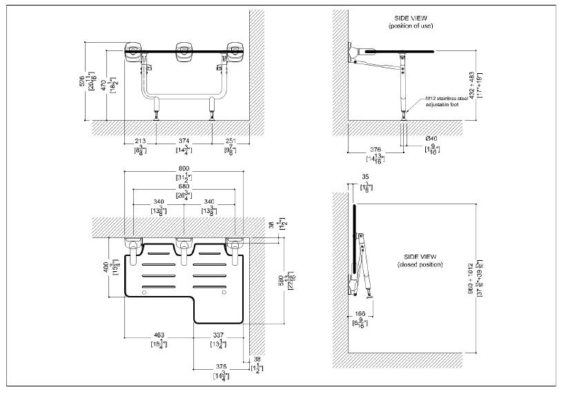 Measurements for G55JDS31W1 Reversible Bariatric HPL L-Shaped Folding Shower Seat