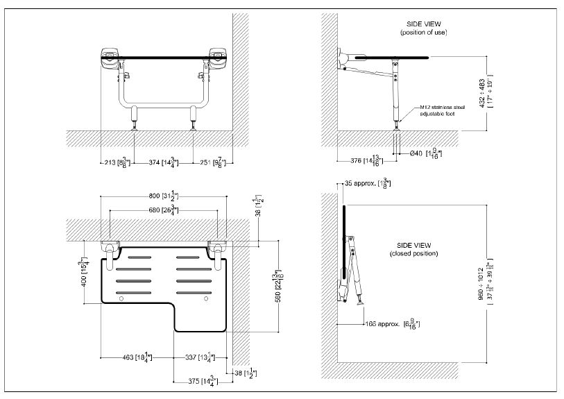 Measurements for G55JDS35W1 Reversible HPL L-Shaped Folding Shower Seat