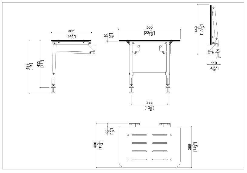 Measurements for G56UHS01N1 HPL Small Rectangular Folding Shower Seat