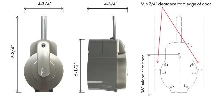 Model 1001 door handle is 4.75 inches wide x 9.75 inches tall x 4.75 inches deep.