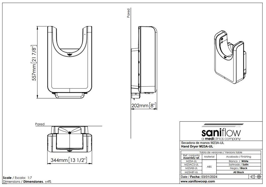 Measurements for Saniflow U-FLOW Hand Dryer