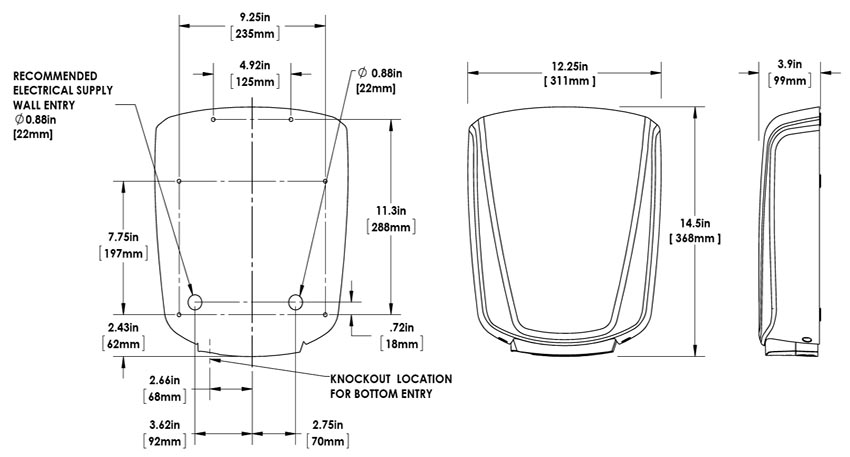 Measurement diagram for the World Dryer VERDEdri v2 Hand Dryer (Q Series)