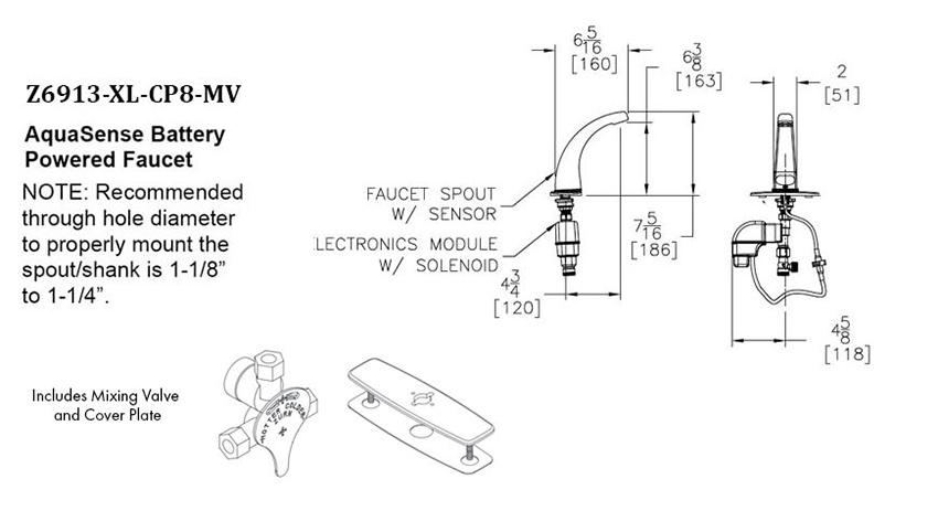 Dimensions for Zurn Z6913-XL-CP8-E-MV Hands-free Faucet