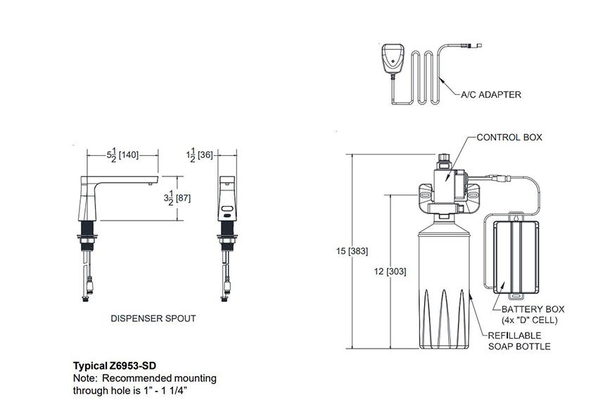 Dimensions for Zurn Z6953-SD Hands-free Faucet