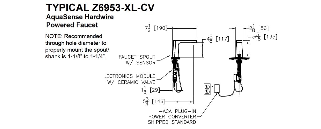 Dimensions for Zurn Z6953-XL-CV-CP4-F Hands-free Faucet