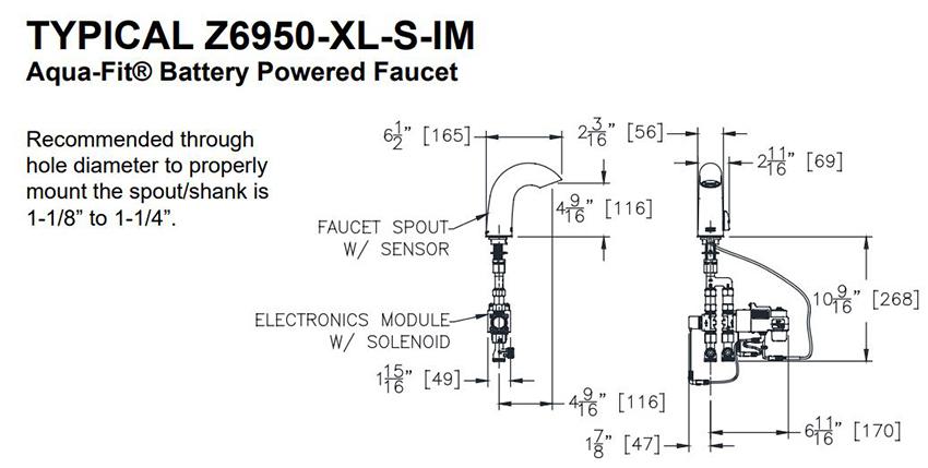 Dimensions for Zurn Z6950-XL-IM-S-F Hands-free Faucet