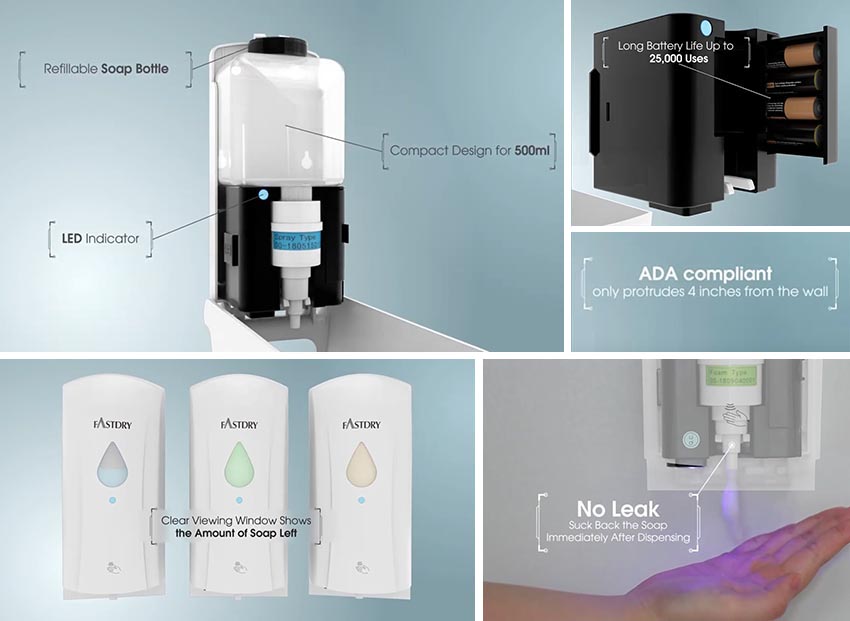 Diagram showing features of the HK-SSD31 Soap & Sanitizer Dispenser