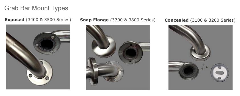 Choose from Exposed Mount, Snap Flange, or Concealed Mount type grab bars